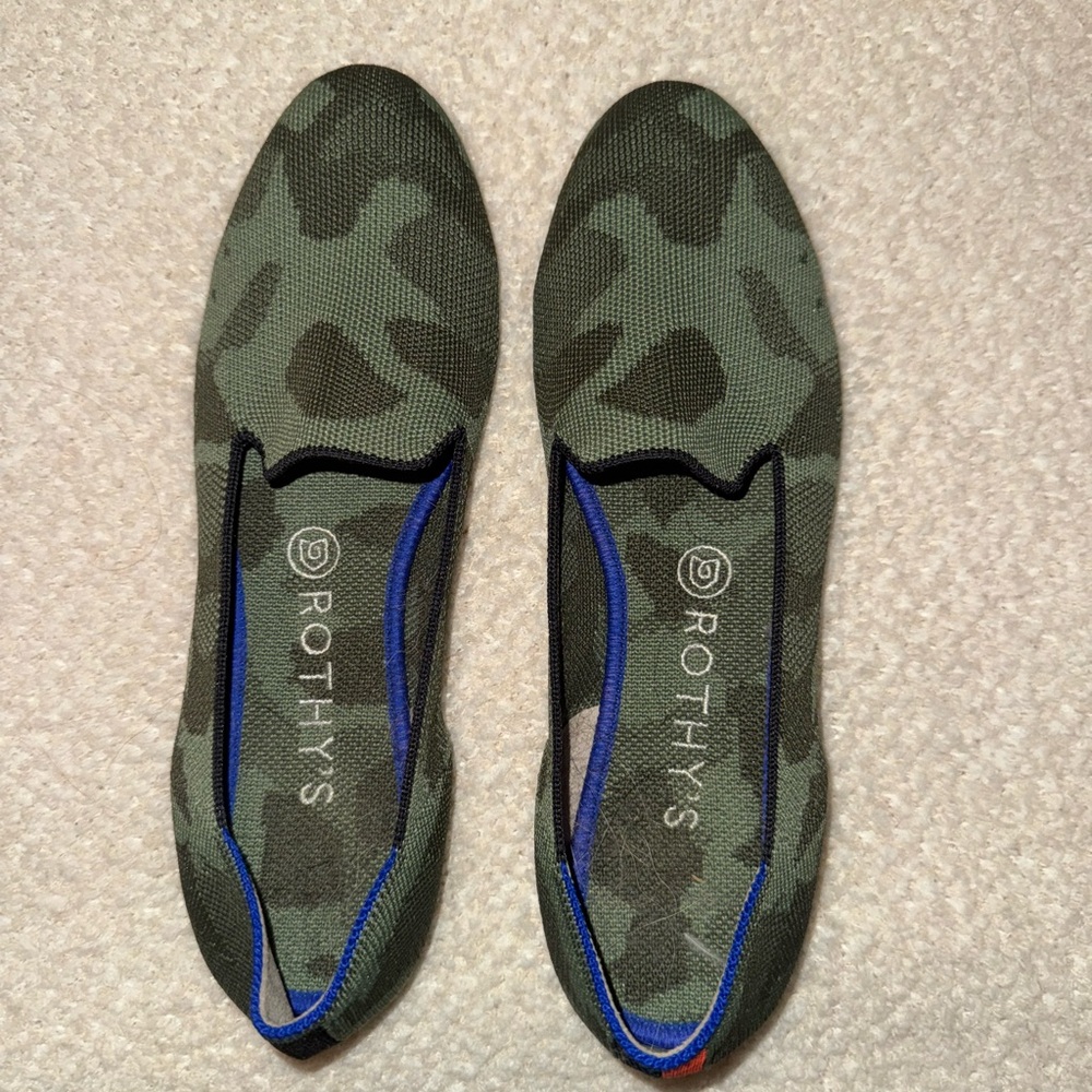 Rothy's Green Camouflage Flats with Blue Trim